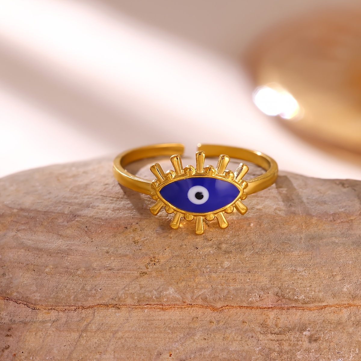 Blue Enamel Demon's Eye Open Ring, Stainless Steel